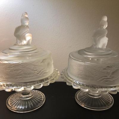 Two â€œWestward Hoâ€ Compotes Pioneer Frosted Glass -Lot 124