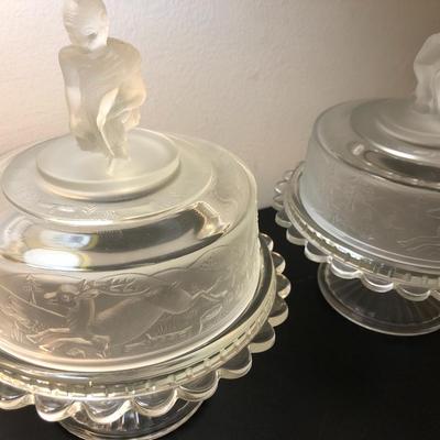 Two â€œWestward Hoâ€ Compotes Pioneer Frosted Glass -Lot 124