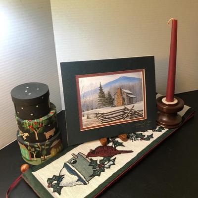 Winter Theme Decor: John Oliver Cabin COA Signed Lithograph, Village Salt Boxes & More -Lot 129