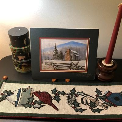 Winter Theme Decor: John Oliver Cabin COA Signed Lithograph, Village Salt Boxes & More -Lot 129