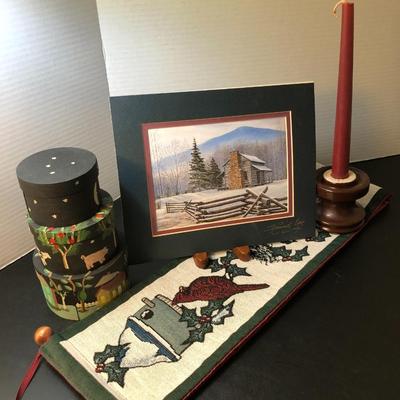 Winter Theme Decor: John Oliver Cabin COA Signed Lithograph, Village Salt Boxes & More -Lot 129