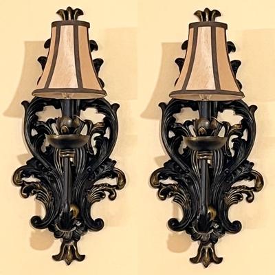 Pair (2) ~ Dark Bronze Ornate Lighted Wall Sconces ~ *Read Details