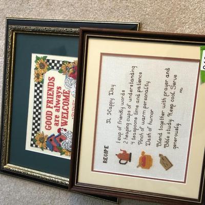 Two Handmade Cross Stitch Wall Hangings -Lot 136