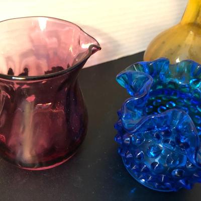 Four Miniature Vases -Blue Hobnail, Amber, Purple, Amethyst Crackle Glass -Lot 145