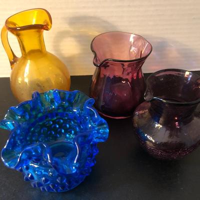 Four Miniature Vases -Blue Hobnail, Amber, Purple, Amethyst Crackle Glass -Lot 145