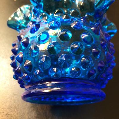Four Miniature Vases -Blue Hobnail, Amber, Purple, Amethyst Crackle Glass -Lot 145