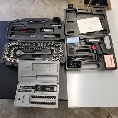 lot of 3 tool Cases Glue Gun Stapler, Drivers , Husky Socket set