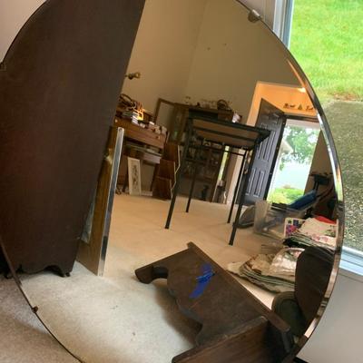 Vintage Round Mirror & Wood Wall Shelf