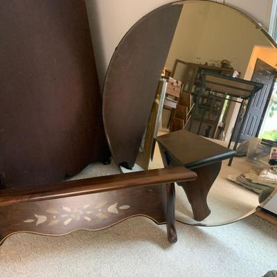 Vintage Round Mirror & Wood Wall Shelf