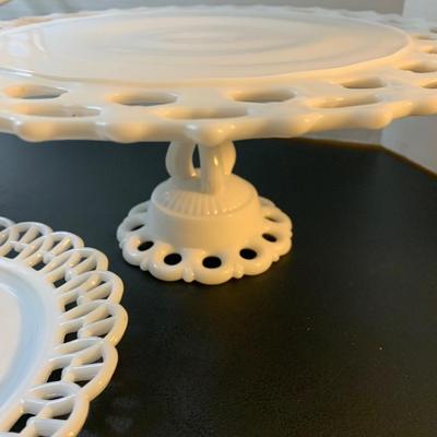 Large Lot - Vintage White Milk Glass - Raised Cake Plate Laced Pieces Candle Bases +++