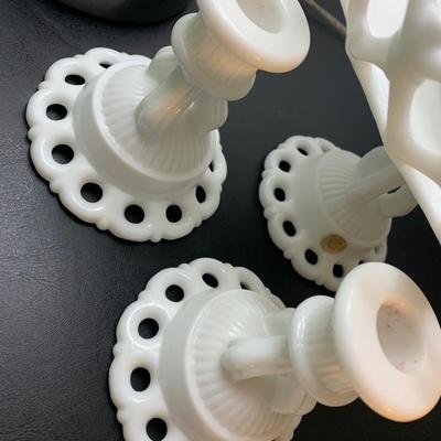 Large Lot - Vintage White Milk Glass - Raised Cake Plate Laced Pieces Candle Bases +++