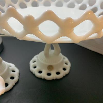 Large Lot - Vintage White Milk Glass - Raised Cake Plate Laced Pieces Candle Bases +++