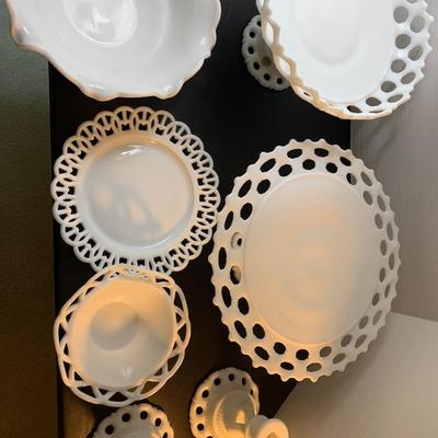 Large Lot - Vintage White Milk Glass - Raised Cake Plate Laced Pieces Candle Bases +++
