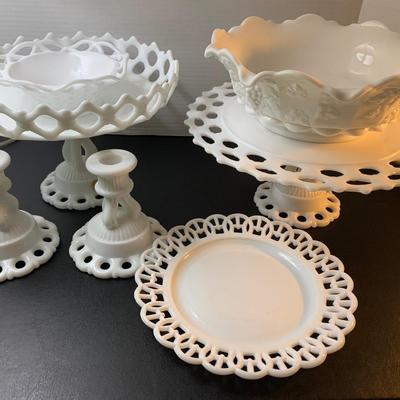 Large Lot - Vintage White Milk Glass - Raised Cake Plate Laced Pieces Candle Bases +++