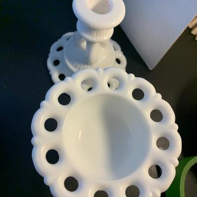 Large Lot - Vintage White Milk Glass - Raised Cake Plate Laced Pieces Candle Bases +++
