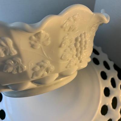 Large Lot - Vintage White Milk Glass - Raised Cake Plate Laced Pieces Candle Bases +++