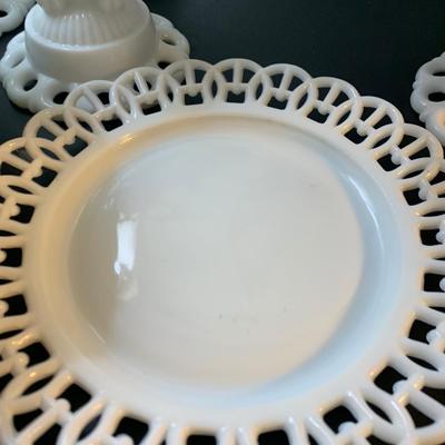 Large Lot - Vintage White Milk Glass - Raised Cake Plate Laced Pieces Candle Bases +++