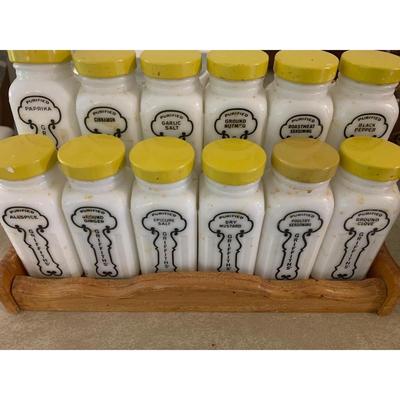 Vintage MCM 12 Piece Milk Glass Spice Set & Rack Lot 217