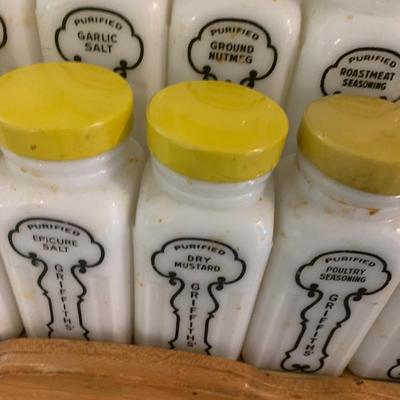 Vintage MCM 12 Piece Milk Glass Spice Set & Rack Lot 217