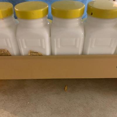 Vintage MCM 12 Piece Milk Glass Spice Set & Rack Lot 217