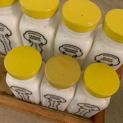 Vintage MCM 12 Piece Milk Glass Spice Set & Rack Lot 217