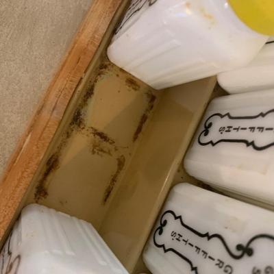 Vintage MCM 12 Piece Milk Glass Spice Set & Rack Lot 217