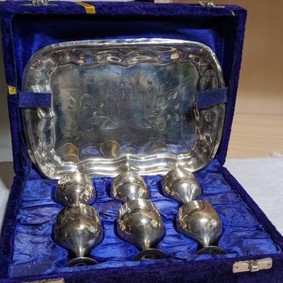 Silver Plated Sherry Cups with Tray, Boxed Set