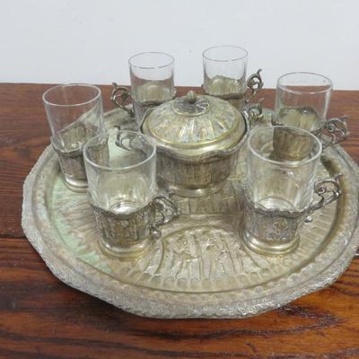 French Arcoroc Tea Set - 6 Glasses with holders, Tray, Bowl