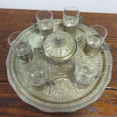 French Arcoroc Tea Set - 6 Glasses with holders, Tray, Bowl