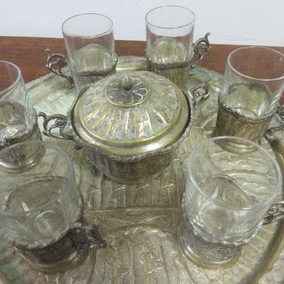 French Arcoroc Tea Set - 6 Glasses with holders, Tray, Bowl