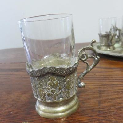 French Arcoroc Tea Set - 6 Glasses with holders, Tray, Bowl