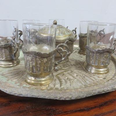 French Arcoroc Tea Set - 6 Glasses with holders, Tray, Bowl