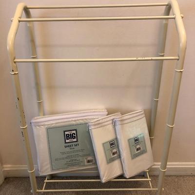 Metal Towel Rack & New Kohl Twin Sheets w/ Pillow Cases -Lot 157