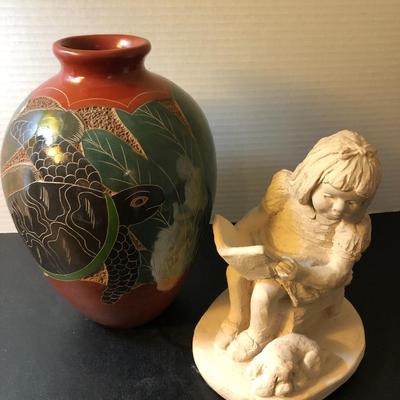 Austin Prod. Inc. Girl Statue & Edgar Noel Hand Carved Sea Turtle Vase -Lot 158