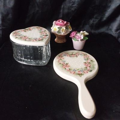 VINTAGE TRINKET BOX-HAND MIRROR AND BONE CHINA BOUQUET