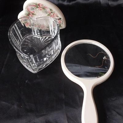 VINTAGE TRINKET BOX-HAND MIRROR AND BONE CHINA BOUQUET