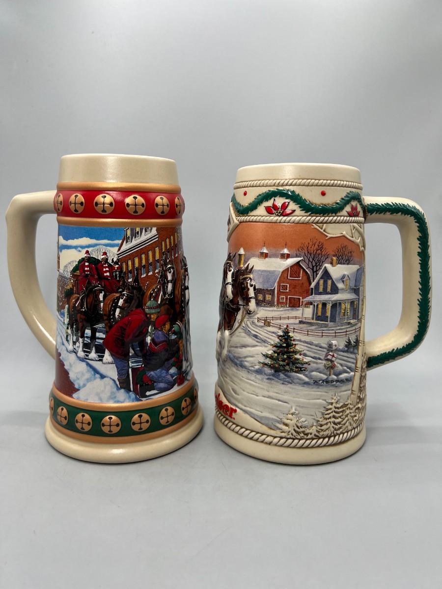 Pair of Vintage AnheuserBusch Budweiser Winter Holiday Christmas Beer