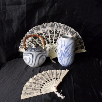 ASIAN TEAPOT-VASE AND HAND FANS