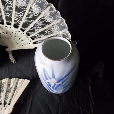ASIAN TEAPOT-VASE AND HAND FANS