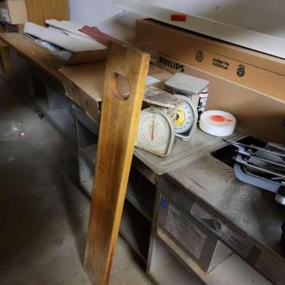 Pelouze scales, cutting board, glass pitchers