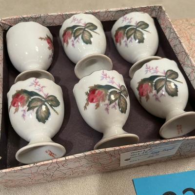Vintage moss rose egg cups