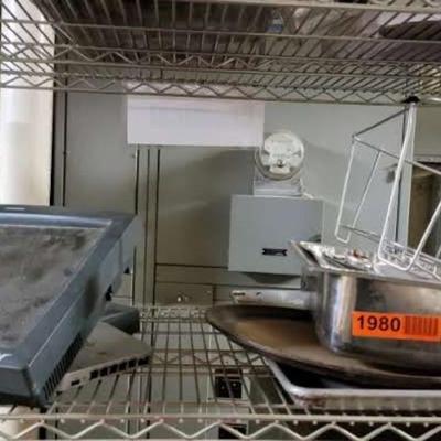 Computer screen, SS Pan, Sterno cans, chafing rack.