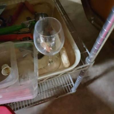 Box of wine glasses, variety of portion scoops, & pans