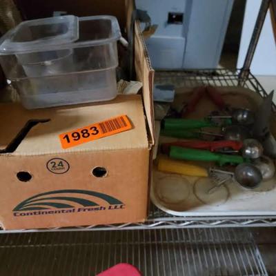 Box of wine glasses, variety of portion scoops, & pans