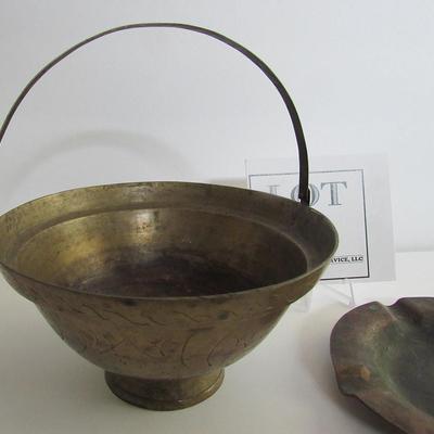 Old Heavy Brass China Handled Bowl and Copper Ashtray