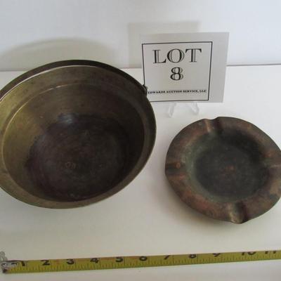 Old Heavy Brass China Handled Bowl and Copper Ashtray