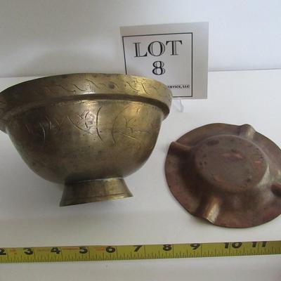 Old Heavy Brass China Handled Bowl and Copper Ashtray