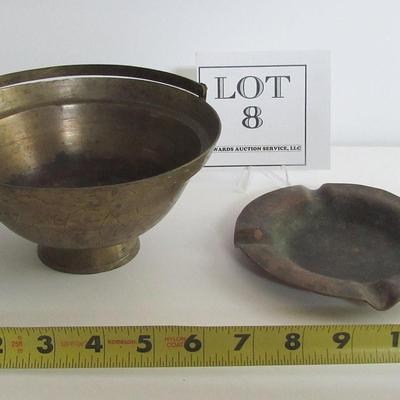 Old Heavy Brass China Handled Bowl and Copper Ashtray
