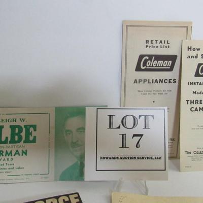 Lot of Paper Ephemera, Air Force Booklet, Political Advertising Card, Coleman Info, More
