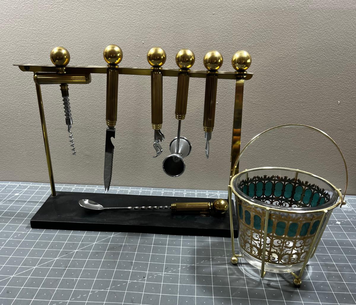 Ice Bucket and Bar Tool Set, GOLD Tone.